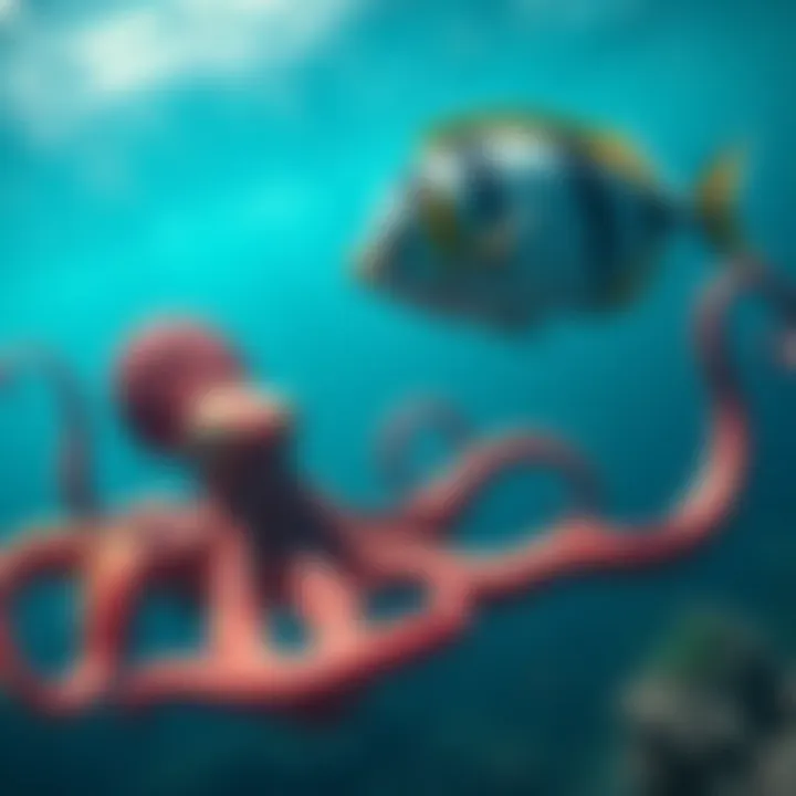 A large octopus and a big fish swimming in the ocean, showcasing marine gigantism.