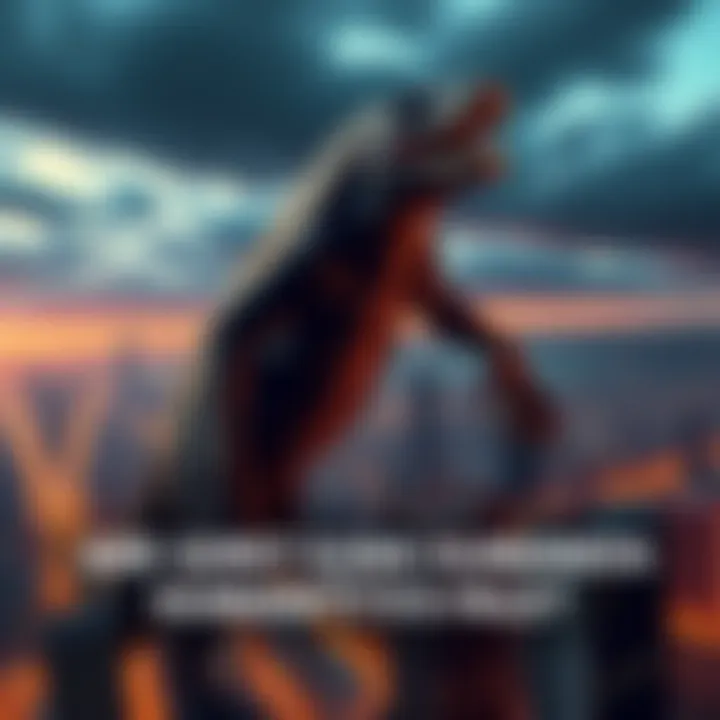 Giant Reptilian Humanoid A giant reptilian humanoid figure overlooking a city, symbolizing control over humanity.