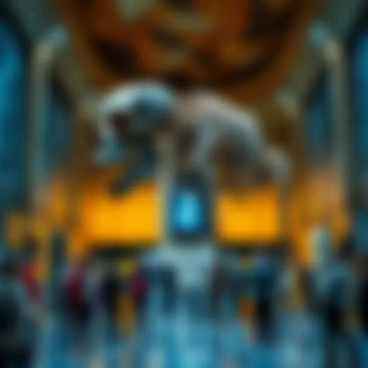 A large skeleton displayed in a museum, surrounded by curious visitors.