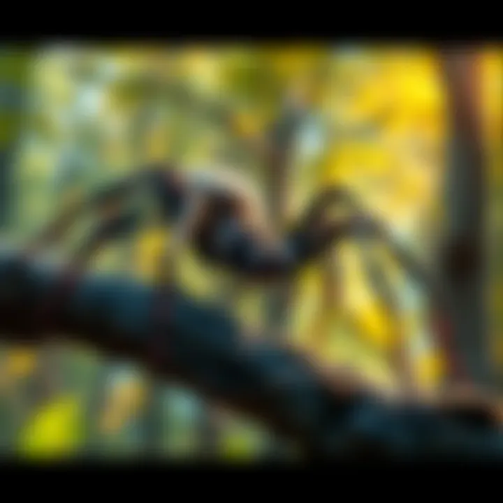 A large spider, resembling the size of a cat, is perched on a tree branch in a North American forest, showcasing its long legs and shiny body.