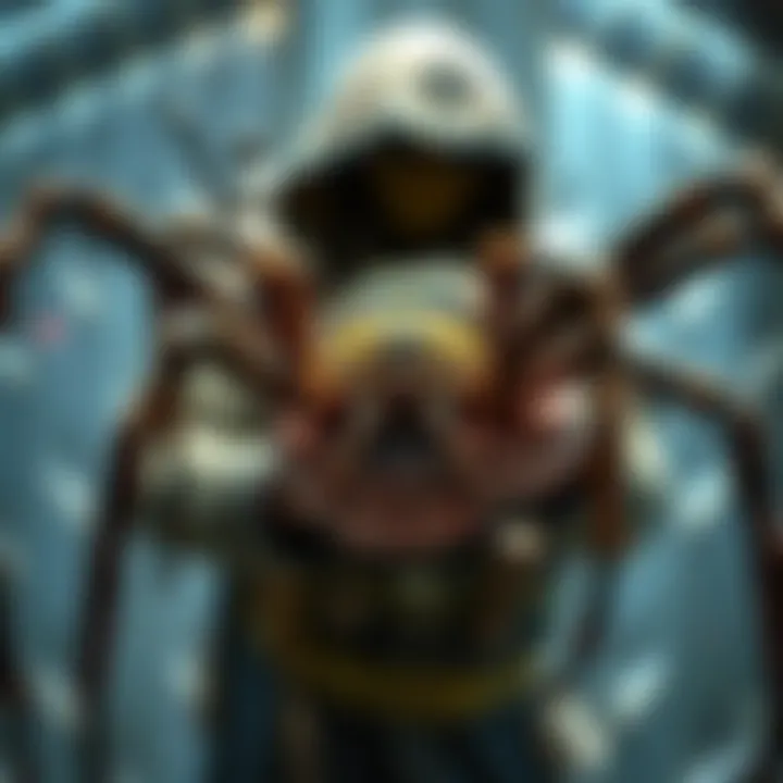 A giant spider keeper holding a large tarantula, discussing the mythical J'ba Fofi and its improbability.