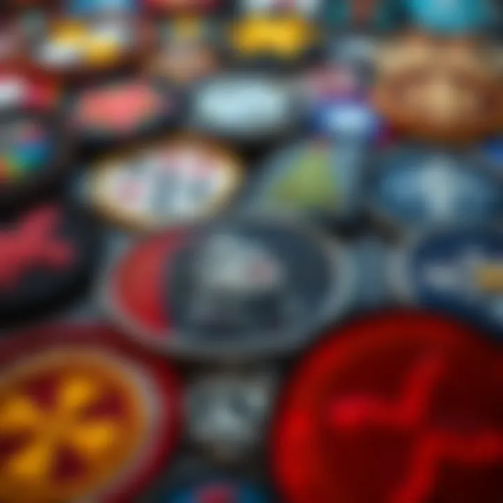 A variety of colorful patches featuring symbols, including one with a man in a beanie, arranged on a flat surface.