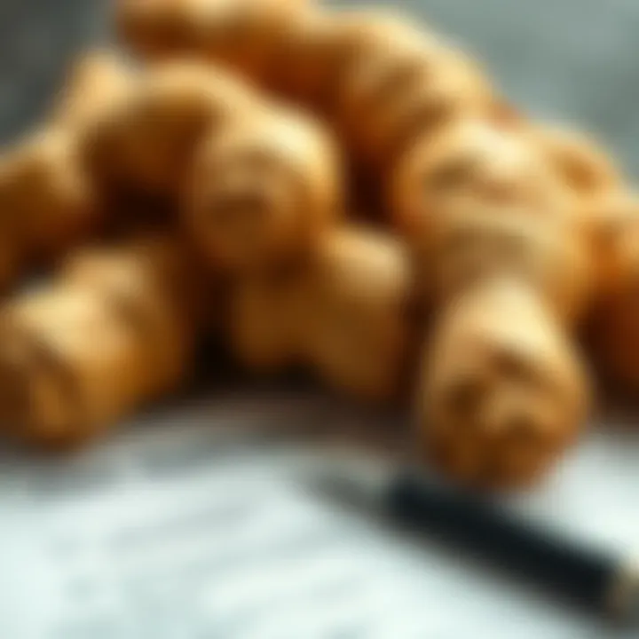 A close-up of fresh ginger root with a job application and a pen beside it, symbolizing job attraction spells.