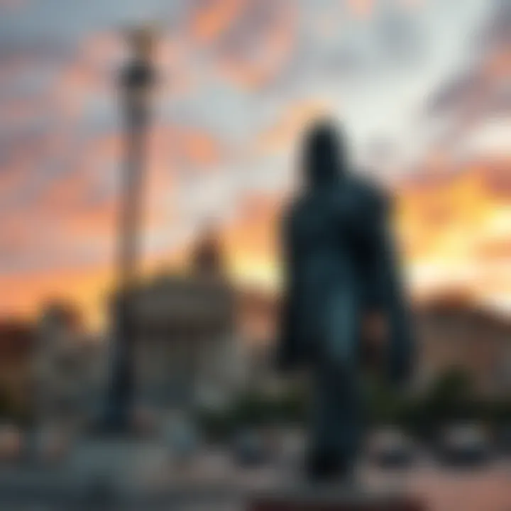 A cloaked statue of Giordano Bruno standing tall in a public space in Rome, symbolizing time and knowledge.