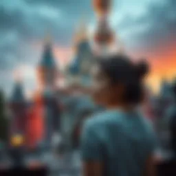 A young woman stands before a Disney castle, looking determined and contemplative, as she reflects on her childhood encounter with her favorite prince.