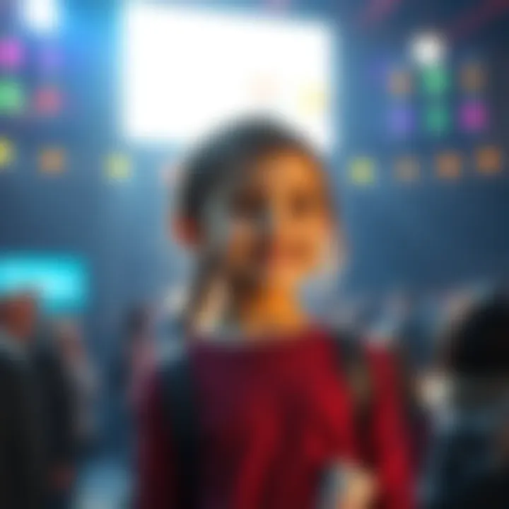 A young girl stands confidently under bright lights, looking out with a captivating smile, surrounded by a crowd of curious onlookers.