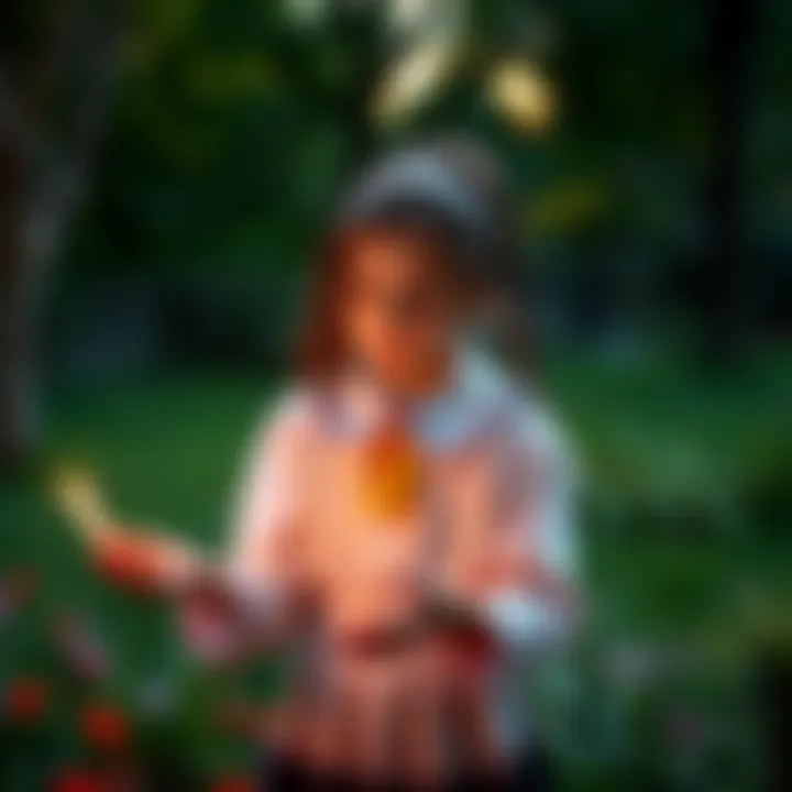 A young girl in a Catholic school uniform casting a spell in her backyard, surrounded by trees and flowers, with a look of hope on her face as she seeks comfort after her mother's passing.