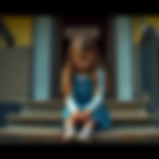 A young girl with long hair sitting on the school steps, looking sad and crying, with a classroom door in the background.