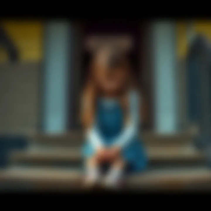 A young girl with long hair sitting on the school steps, looking sad and crying, with a classroom door in the background.