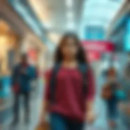 A girl vanishes in a mall setting with surprised shoppers looking on.