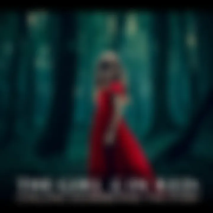 A girl in a red dress standing in a forest A young girl in a red dress, standing amid trees with a haunting expression, surrounded by shadows in a dense forest