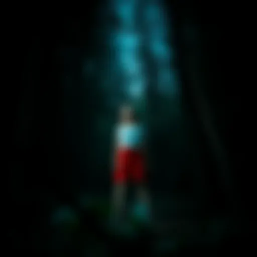 A girl stands in a dark Appalachian forest, looking scared and confused as she senses something strange nearby, with trees looming around her.