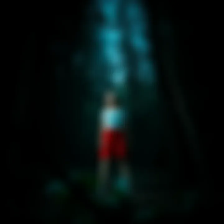 A girl stands in a dark Appalachian forest, looking scared and confused as she senses something strange nearby, with trees looming around her.