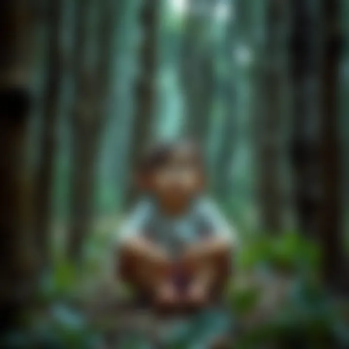 A young girl sitting on the forest floor looking puzzled and scared, surrounded by tall trees and dense foliage.
