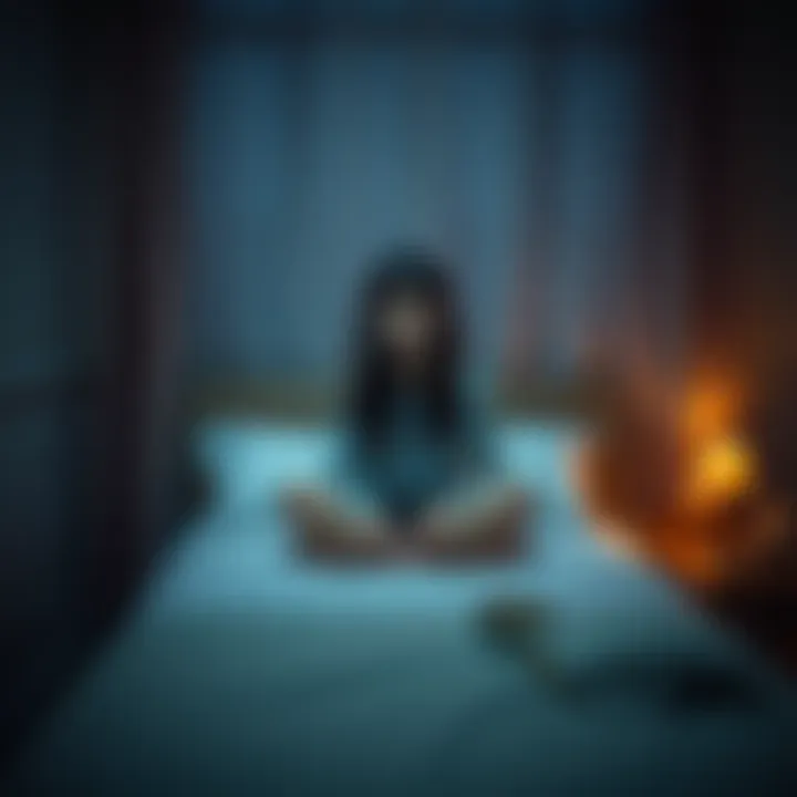 A girl sitting calmly on a bed in a dimly lit room at 3:30 a.m., looking surprised.