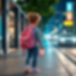 A young girl wearing a pink backpack stands on a sidewalk, looking toward the street as a car passes by. The scene captures a moment of mystery and curiosity.