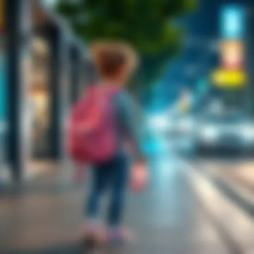 A young girl wearing a pink backpack stands on a sidewalk, looking toward the street as a car passes by. The scene captures a moment of mystery and curiosity.