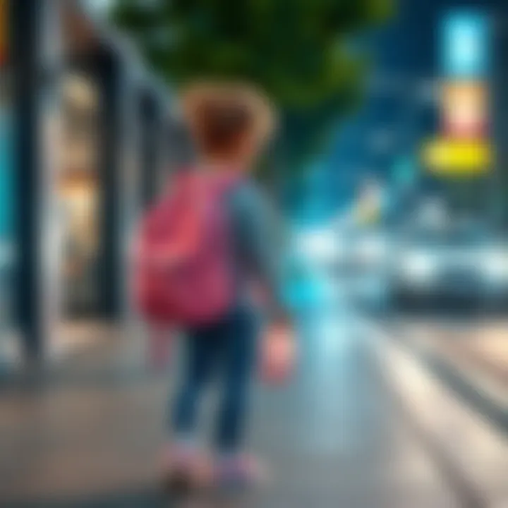 A young girl wearing a pink backpack stands on a sidewalk, looking toward the street as a car passes by. The scene captures a moment of mystery and curiosity.