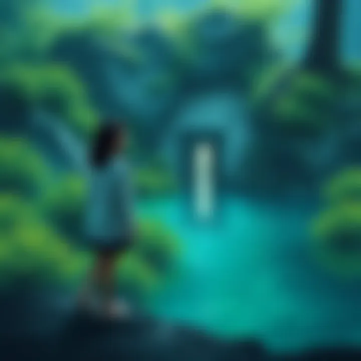 A girl standing by a deep pool A girl gazing into a deep pool surrounded by greenery, with a mysterious door partially visible above the water's surface, hinting at another world beneath.