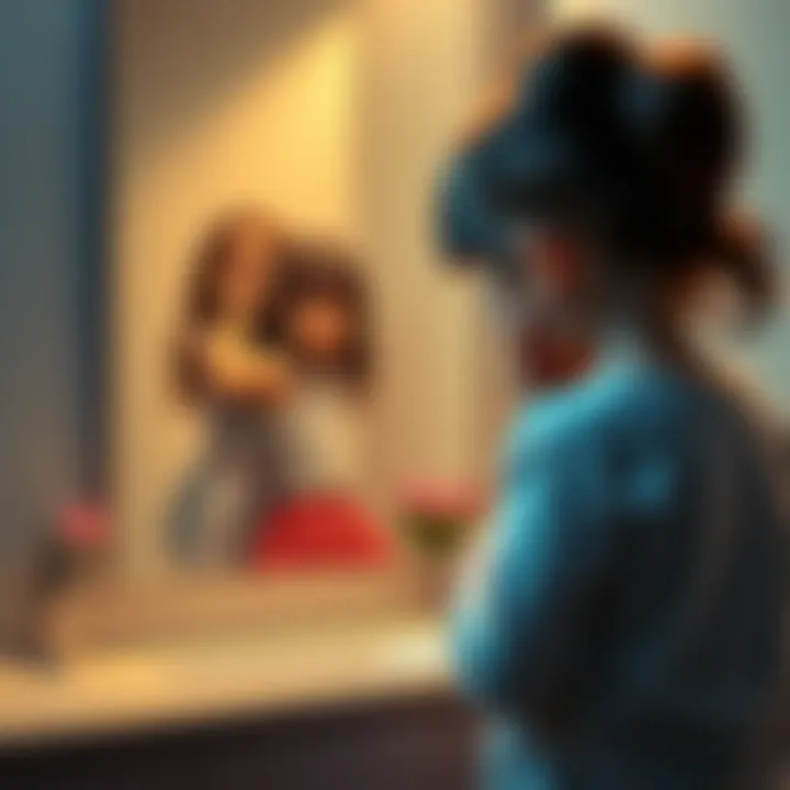 A four-year-old girl in a bathroom, talking to her reflection in the mirror, with a curious expression on her face.