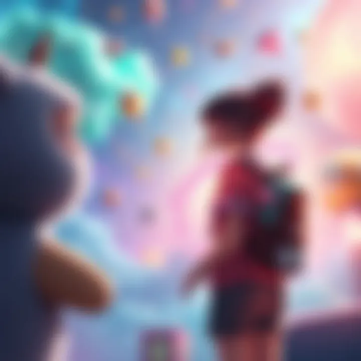 A girl with bright powers and an anime backpack stands in a colorful dream world, surrounded by floating objects and vibrant colors, smiling at a new friend, who seems amazed.