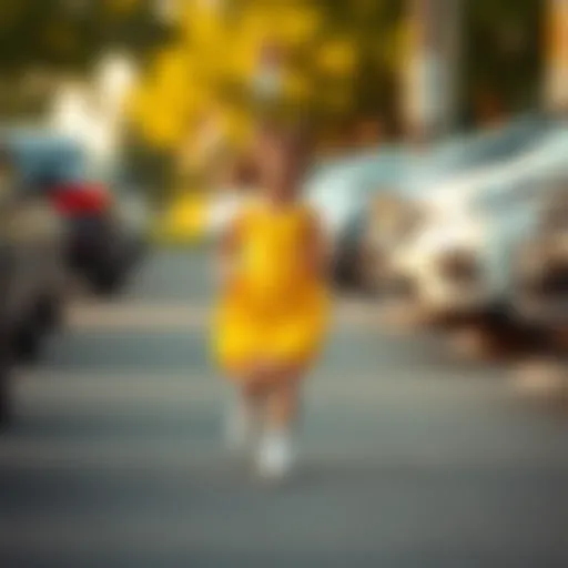 A little girl in a bright yellow dress running alone outside near parked cars, looking playful and carefree.