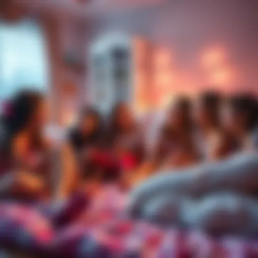 A group of girls sitting on a bedroom floor, laughing and sharing stories during a sleepover, surrounded by pillows and snacks.