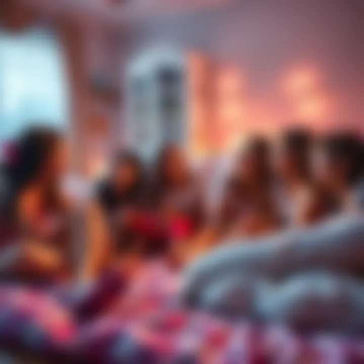 A group of girls sitting on a bedroom floor, laughing and sharing stories during a sleepover, surrounded by pillows and snacks.