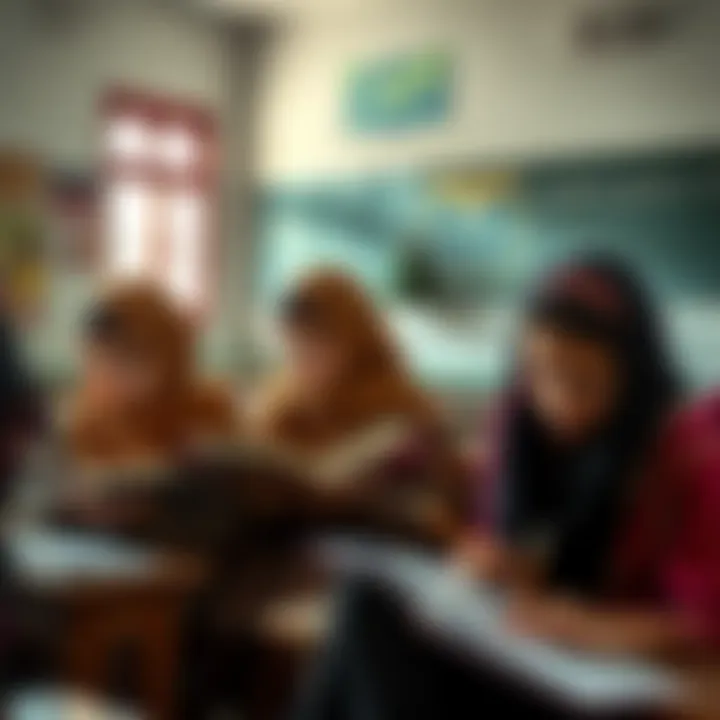 Afghan girls sitting in a classroom, looking at their books, symbolizing the struggle for education and women's rights