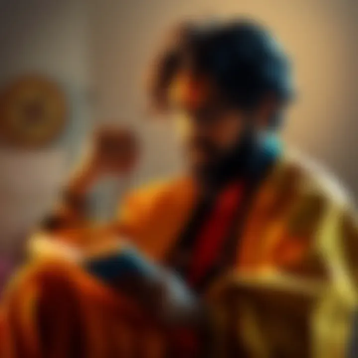 Person pondering over a question from the Gita Exam with a notebook in hand