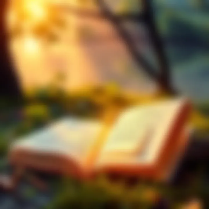 Gita Verse Illustration An open book with glowing pages, depicting a significant verse from the Gita, surrounded by a peaceful natural setting.