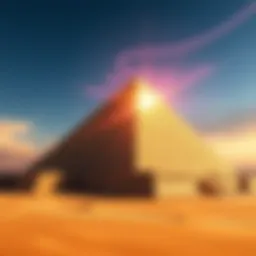 The Great Pyramid of Giza depicted as a giant semiconductor, with energy waves shown emanating from its structure, surrounded by the desert landscape.