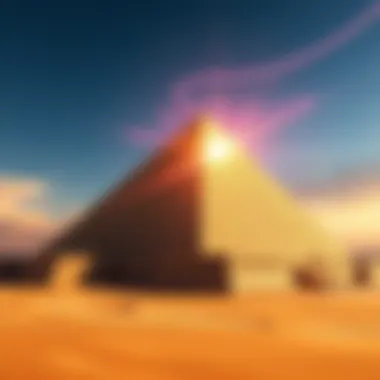 The Great Pyramid of Giza depicted as a giant semiconductor, with energy waves shown emanating from its structure, surrounded by the desert landscape.
