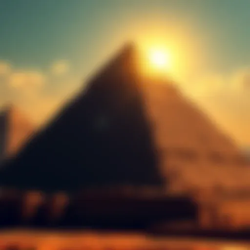 Pyramids Capstone and Sun View of the Giza pyramids with sunlight aligning at the capstone during the Equinox