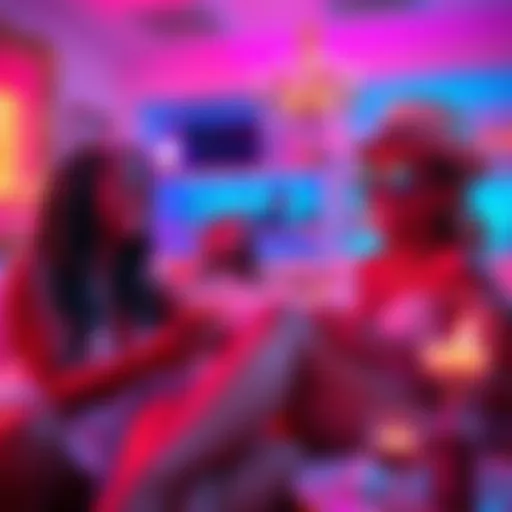 A vibrant scene of friends enjoying a glamorous 12-hour relaxation event, surrounded by stylish decor and beauty products.