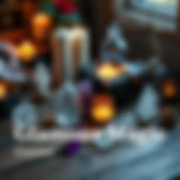 A collection of magical items like candles, crystals, and herbs used in glamour magic, arranged on a wooden table