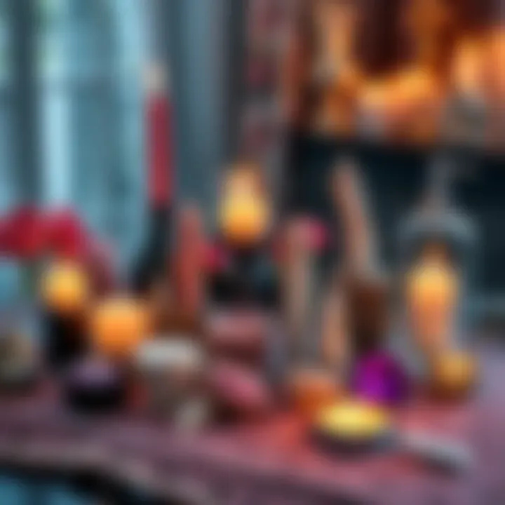 A collection of crystals, candles, and beauty items used for glamour magic rituals on a table