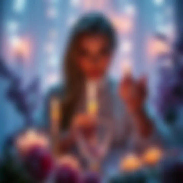 A person performing a beauty ritual with candles and crystals, surrounded by flowers and soft lighting, emphasizing self-love and beauty enhancement.