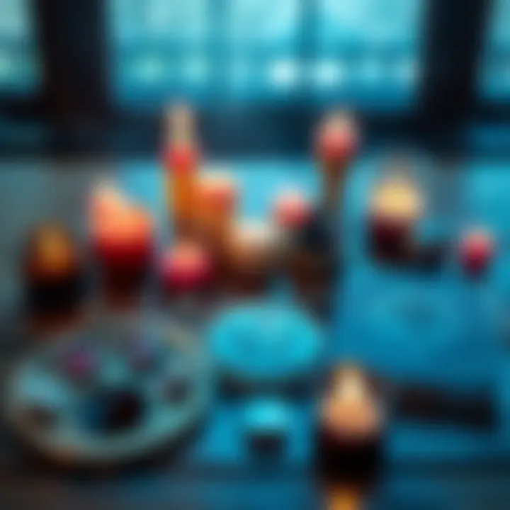 Glamour Magic Symbols A collection of glamour magic symbols with candles and crystals on a wooden table.