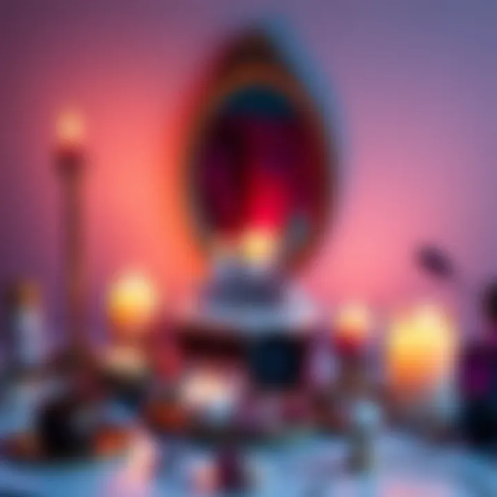 A beginner's setup for glamour magick rituals with candles, crystals, and a mirror for enhancing beauty.