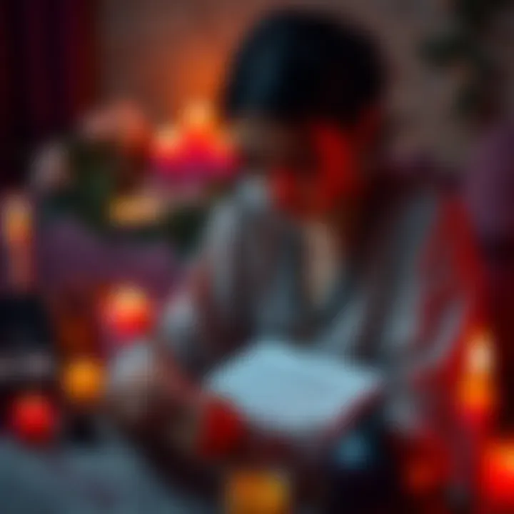 A person using menstrual blood for a glamour spell, writing affirmations on paper and preparing makeup, surrounded by candles and a mystical atmosphere.