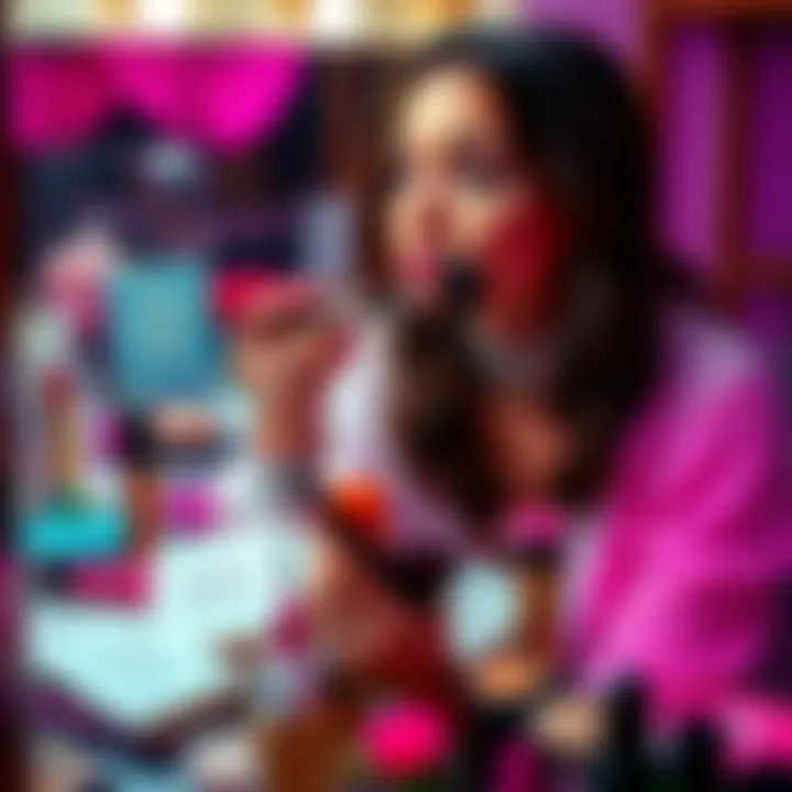 A person applying makeup while surrounded by affirmation cards and beauty products, emphasizing attraction and financial success.