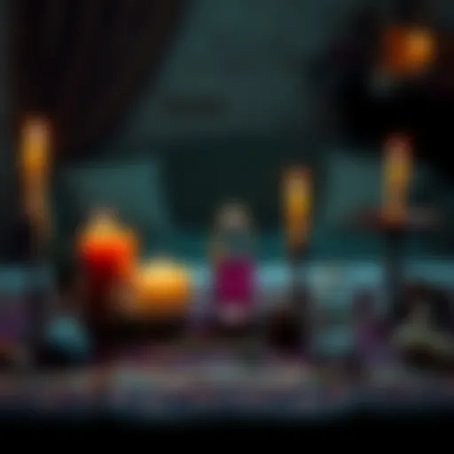 A table with candles, crystals, and herbs arranged for a glamour spell, with an empty spot indicating the missing protection bottle.