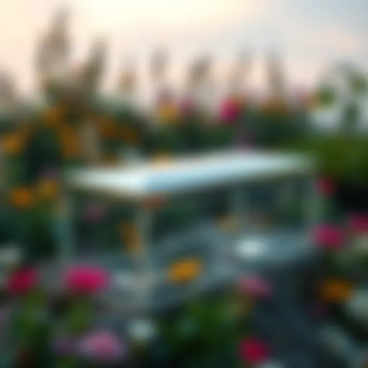 A transparent glass coffin displayed in a peaceful garden, surrounded by flowers and greenery.
