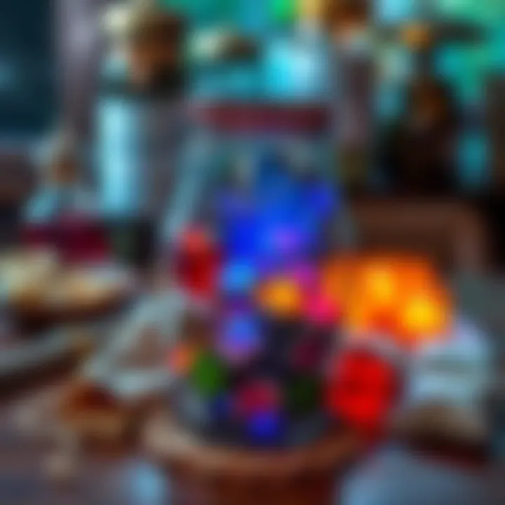 A glass jar filled with colorful magical items, surrounded by cheesecloth and tea bags on a wooden table