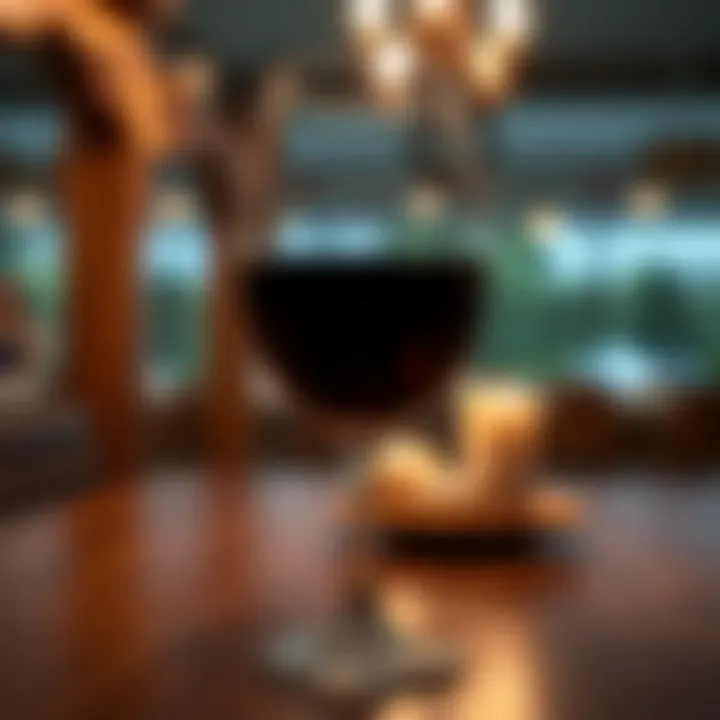 A glass of wine on a table A close-up of a glass of red wine on a wooden table, with a soft focus background suggesting a cozy setting, reflecting moments of temptation.