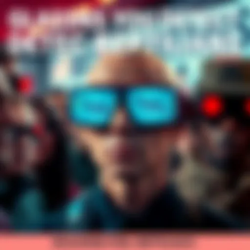 A person wearing advanced glasses designed to reveal reptilian identities, with thermal and EMF readings displayed, surrounded by curious observers.