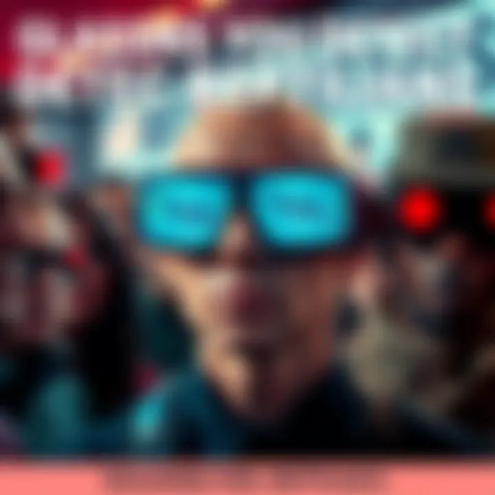 A person wearing advanced glasses designed to reveal reptilian identities, with thermal and EMF readings displayed, surrounded by curious observers.
