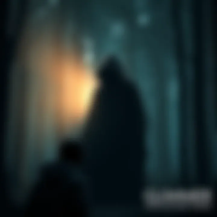 A shadowy figure partially cloaked in light appears in a dark forest, with a surprised onlooker in the foreground.