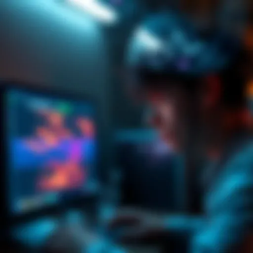 A person looking confused while staring at a computer screen with strange graphics, symbolizing glitches in reality. Dreamlike elements float around them, illustrating odd dreams and synchronicities.